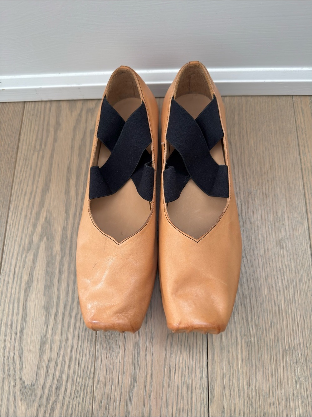 Women's Tan Leather Ballet Flats with Black Elastic Straps